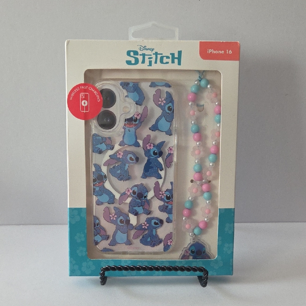 Disney Stitch Blue and Pink iPhone 16 Case with Beaded Strap